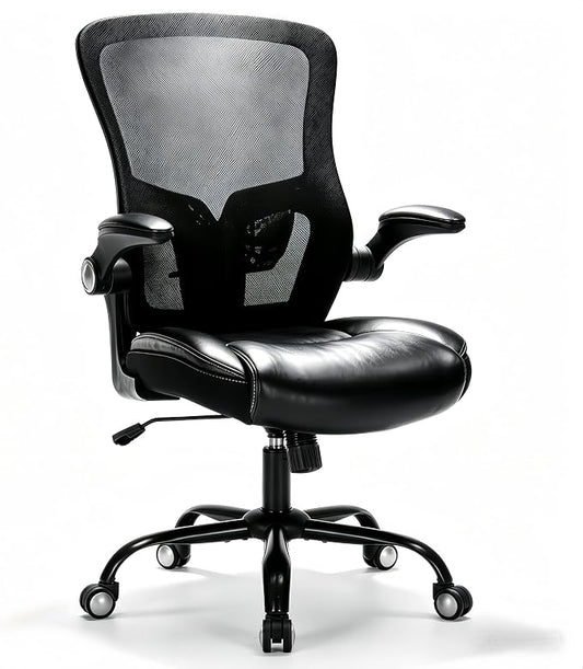 PU Leather Mesh Ergonomic Office Chair with Adjustable Arms Lumbar Support | Adjustable Height High Back Mesh Support with Flip up Armrests, Swivel Task Chairs for Home Office Computer 400BLS