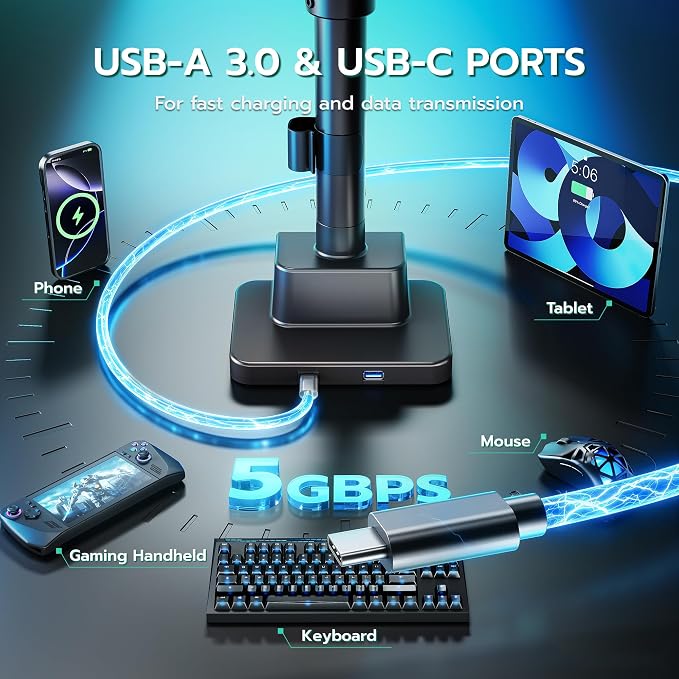 ARES WING Heavy Duty Dual Monitor Mount with USB for 24-57 Inch, Black | Adjustable Stacked Gas Spring Desk Mount for 2 Ultrawide Screens, VESA 75/100/200mm Mount