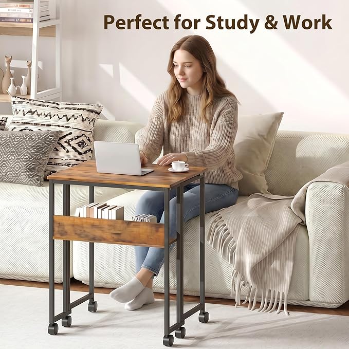 Garvee Folding Desk Small Rolling Desk with Storage Shelf,24.8 Inch Foldable Computer Table for Small Spaces, Space Saving Sofa Table with Wheels for Home Office, Study, Easy Assembly,Walnut