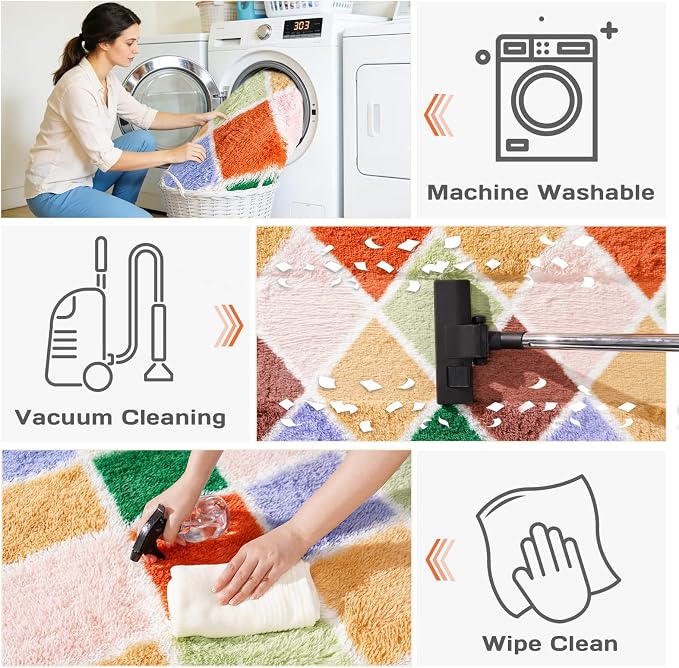 Area Rugs for Living Room Bedroom 8x10, Ultra Fluffy Shag Checkered Rug Modern Washable Carpet Soft Shaggy Non Slip Indoor Plush Fuzzy Rugs for Bedroom Dorm Office Home Aesthetic Decor, Colorful