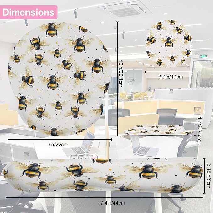 Cute Bee Mouse Pad with Wrist Rest Set, 3-in-1 Wrist Support Mousepad Set, Gaming Mat Pad with Anti-Skid Base,Ergonomic Memory Foam Mouse Pad Set for Women, Office, Typing, Gaming