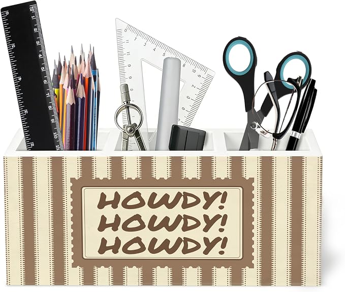 Howdy Western Wooden Pen Holder for Desk, Western Desk Decor Accessories, Retro Brown and Beige Striped Southwestern Pencil Organizer Wooden Box Sign for Home Office Decoration