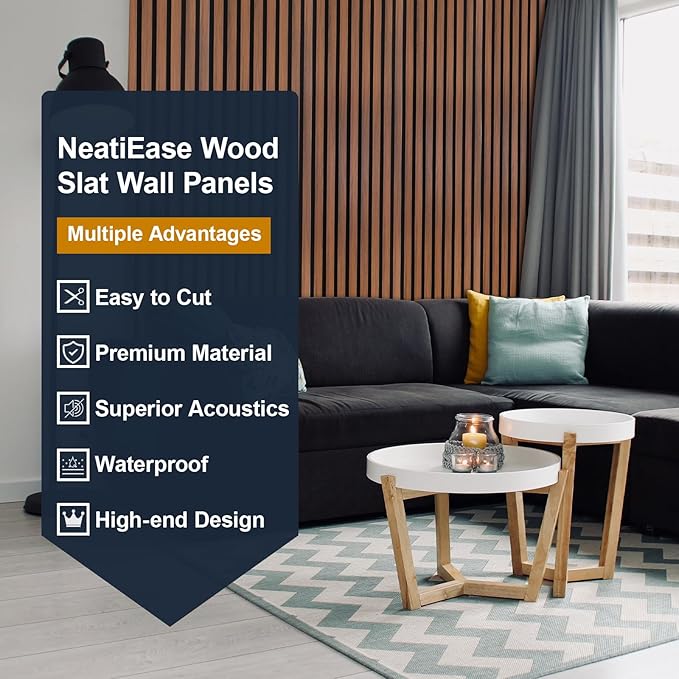 NeatiEase Wood Panels for Wall, 4-Piece 94.5" x 11" Soundproof Wood Slat Wall Panel for Interior Wall Decor Noise Cancelling, Acoustic Wall Panels, Sound Absorbing Panel (Teak)