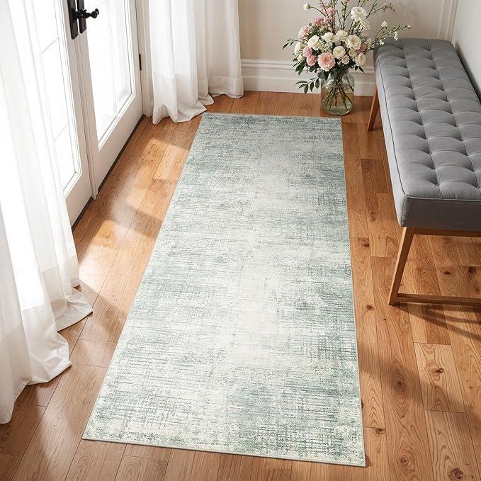 2x6 Hallway Washable Runner Rug - Non-Slip Kitchen Rugs with Rubber Backing Abstract Neutral Low-Pile Carpet Runners for Laundry Room Home Decor Bedroom Bathroom Entryway (Green,2x6)