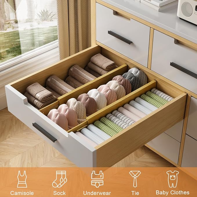 Bamboo Drawer Dividers, Adjustable Drawer Organizers, Fits 17.6–21" Drawers | 2.5" High, 4 Pack Expandable Drawer Separators for Kitchen, Nursery, Dressers & Office Storage, Natural