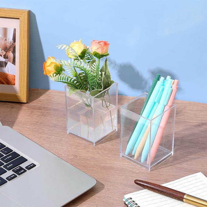 12 Pack Acrylic Pen and Makeup Brush Holder – Clear Desktop Organizer for Office, Home, and Studio Supplies, Stationery Storage Accessory (2.6 x 2.6 x 4 Inch Each)