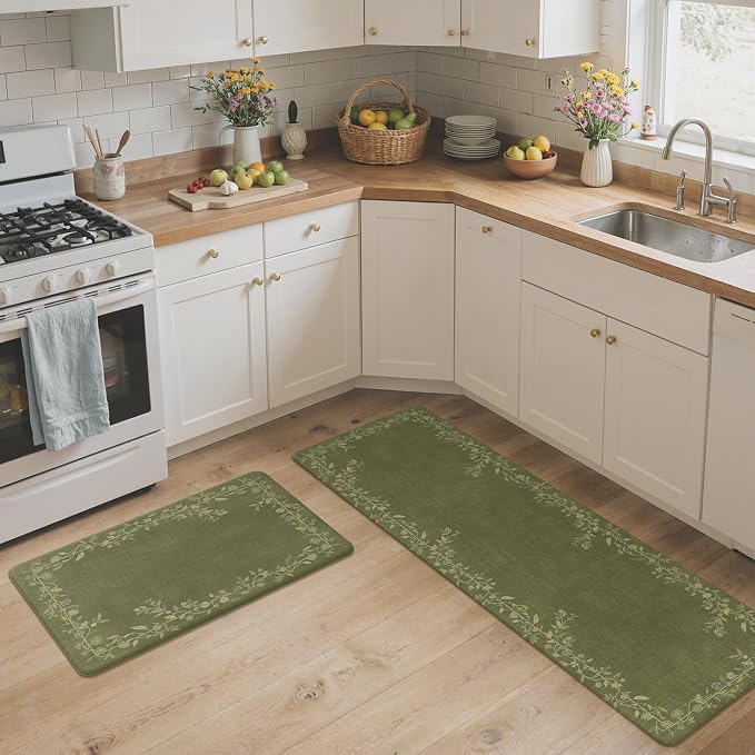 GENIMO Anti Fatigue Kitchen Mats for Floor 2PCS, Cushioned Standing Mats | 17.3"x59"&17.3"x30", Soft Green vintage floral rug set, waterproof, non slip, easy-clean for farmhouse