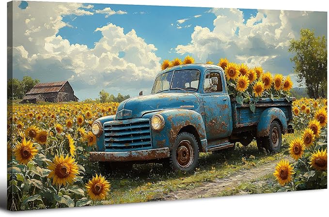 Sunflower Pictures Wall Decor Farmhouse Barn Truck Wall Art Sunflower Field Canvas Prints for Bedroom Bathroom Vintage Yellow Flowers Landscape Painting Artwork for Living Room Home Decorations 20x40"