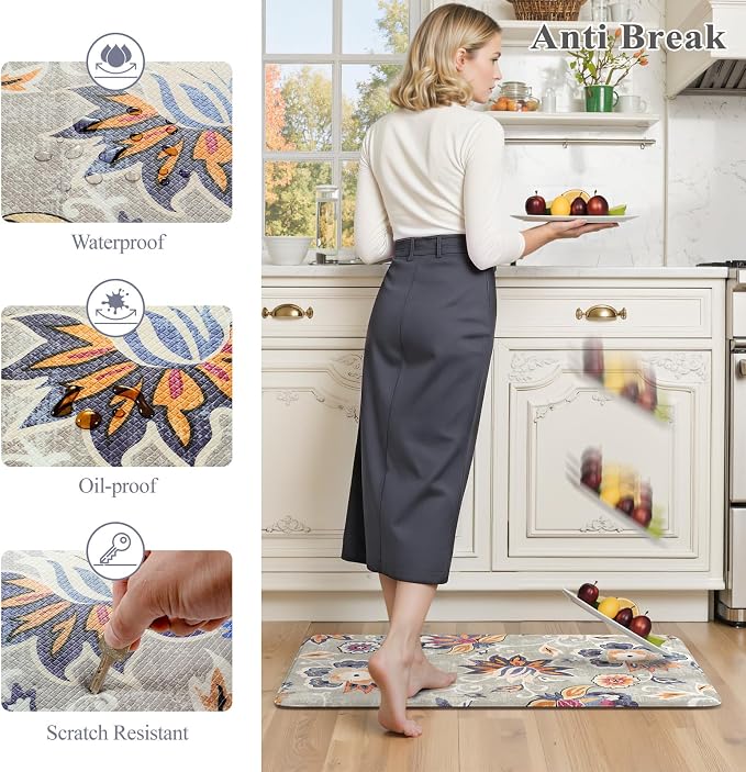 LEEVAN Anti Fatigue Kitchen Mats for Floor, Cushioned Kitchen Mat Set 2PCS | 17.3"x29"+17.3"x59", Boho Floral Blue Gray Kitchen Rugs Non-Slip, Waterproof Ergonomic Standing Mat for Laundry, Office, Sink
