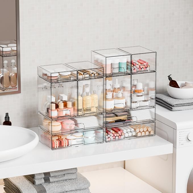 12.1''W Clear Stackable Storage Drawers,2 Pack Acrylic Drawer Organizer for Hair Accessories,Makeup Organizers,Plastic Organizer Bins for Vanity,Bathroom,Cabinet,Desktop,Office Supply Organizer