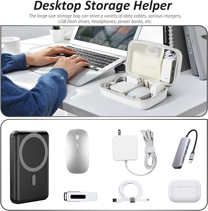 Charger Case for Macbook, Portable Tech Electronic Organizer Bag, Small Travel Storage Pouch for Laptop Accessories, MacBook Power Adapter, Charging Cords, USB Drives, Power Bank (White, XL)