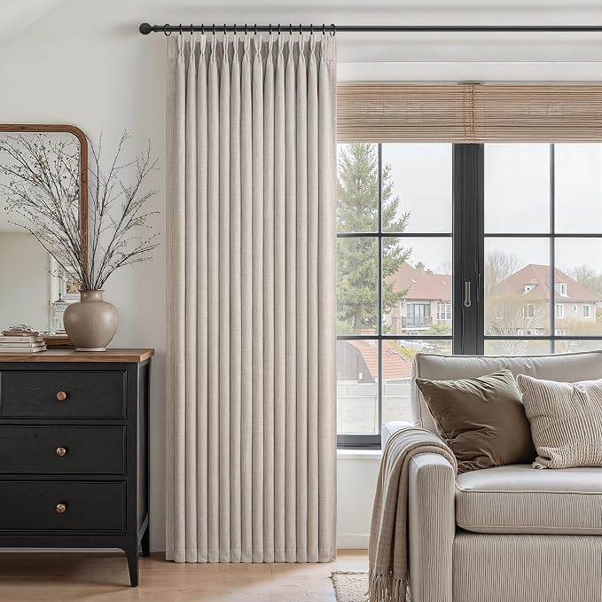 Extra Long Greyish Beige Pinch Pleated 108 Inch High Ceiling Curtains for Living Room 2 Panels Set, Memory Trained Blackout Double Layer Thick Linen Insulated Noise Blocking Luxury Windows Drapes 9FT