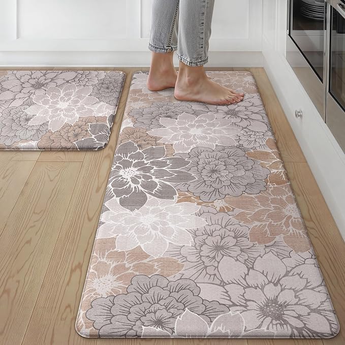 GENIMO Anti Fatigue Kitchen Mats for Floor 2PCS, Cushioned Standing Mats | 20"x32"&20"x48", Taupe Grey vintage floral rug set, waterproof, non slip, easy-clean for farmhouse