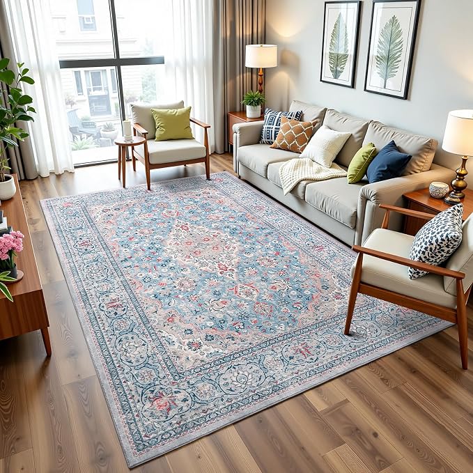 Blue Washable Vintage Non Slip Area Rug, 8x10 Boho Floral Living Room Rugs, Soft Low Pile Indoor Mat, Aesthetic Pattern Carpet for Bedroom Kitchen and Dining Room