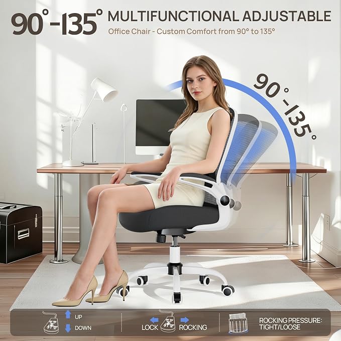 Mimoglad Ergonomic Office Chair - Desk Chair with Flip-up Armrests & 135° Recline, Adjustable Lumbar Support - Space-Saving Task Chair for Business/Team Office & Home (White Frame-Black, 300lbs) | Supports 300 lbs · Seat 19.48"–23.4" · Breathable mesh ...