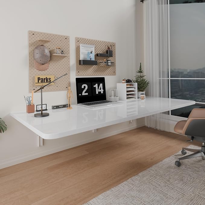 IAE 48" x 22" Floating Foldable Desk,Wall-Mounted Folding Computer Table with Engineered Wood,Study Table with Shelf Brackets,Fold Down Shelf,Fold Computer Desk for Small Spaces,Holds 500 lb,White