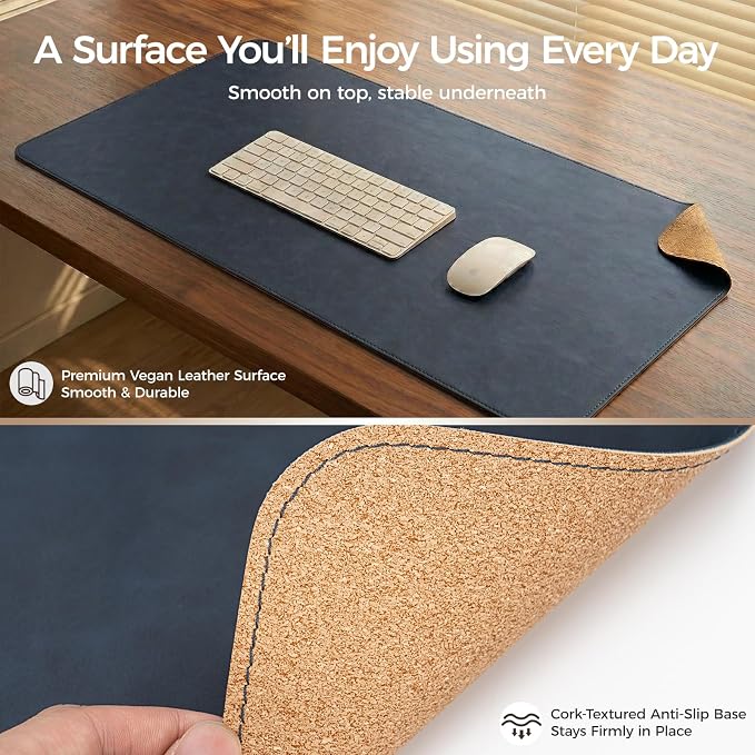 Premium Faux Leather Desk Mat & Tray Set，Innovative Cork-Look Printed Base，Gift Tube Packaging，Full-Desk Coverage，Non-Slip Desk Pad for Office Home（Navy Blue）
