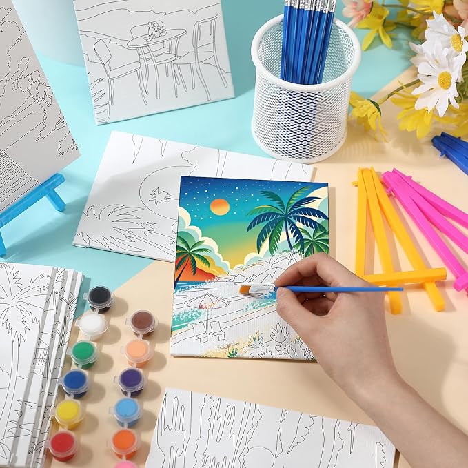 Blosssound 10 Set Pre Printed Canvas Pre Drawn Canvas Painting with Easel Kits 5" x 7" Outline Painting Panels for Beginners, DIY Craft Project, Party Favor, Home Decors(Hawaii)