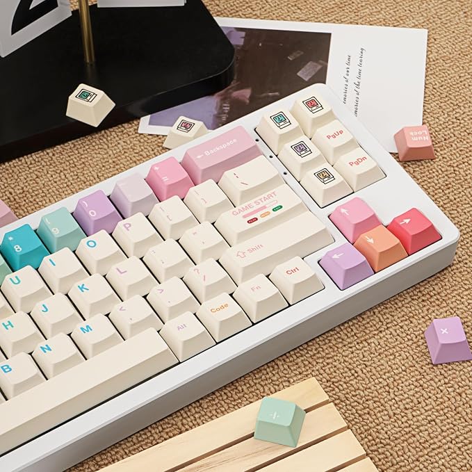 Minimalist White PBT Keycaps, 150 Keys Cute Macaron Theme Keycap, Cherry Profile Dye-Sublimation Colorful Keycaps for 61/64/68/84/87/100/104/108 Cherry MX Mechanical Keyboards