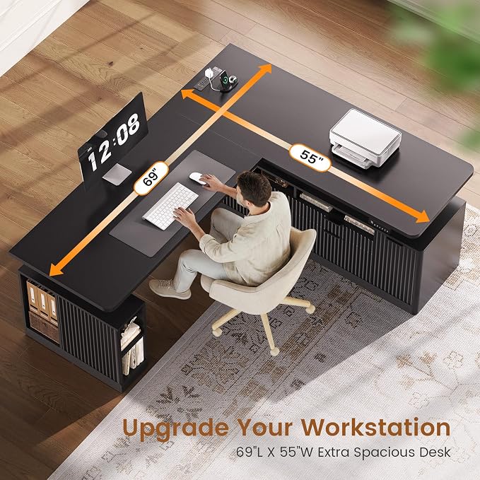 SEDETA L Shaped Electric Standing Desk, 69" x 55"Height Adjustable Office Executive Desk with 4 Drawers and Storage Shelves, Fluted Sit Stand Computer Desk with Power Outlet for Home Office (Black)