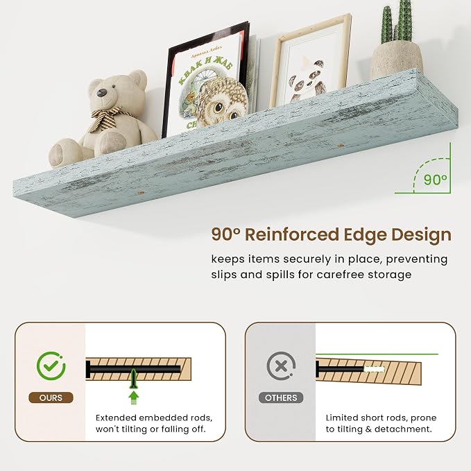 48in Floating Shelves for Wall, 48"W x 9.25"D x 1.25"H, 2 Pack Long Wall Mounted Engineered Wood Shelves with Invisible Brackets for Living Room, Bedroom, Bathroom, Kitchen Decor and Storage, Blue