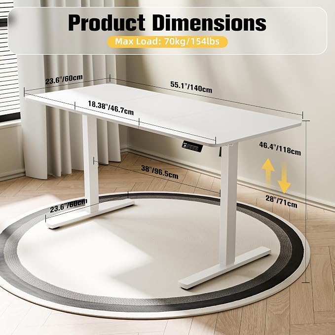 ERGOMAKER 55"x24" Standing Desk, Height Adjustable Sit-Stand Office, White | Electric Adjustable Standing Desk, Sit to Stand Computer Office Desk with Splice Board, Memory Preset, Lifts 28.7''-46.5"