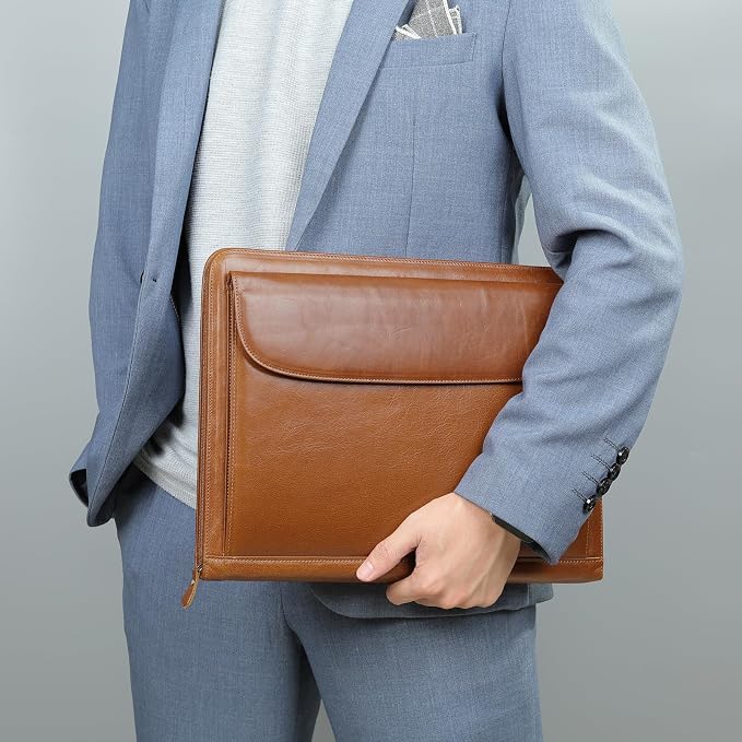Genuine Leather Portfolio for Men Women Zipper Business Resume Padfolio Organizer Binder A4 Meeting Folder13 inch brown