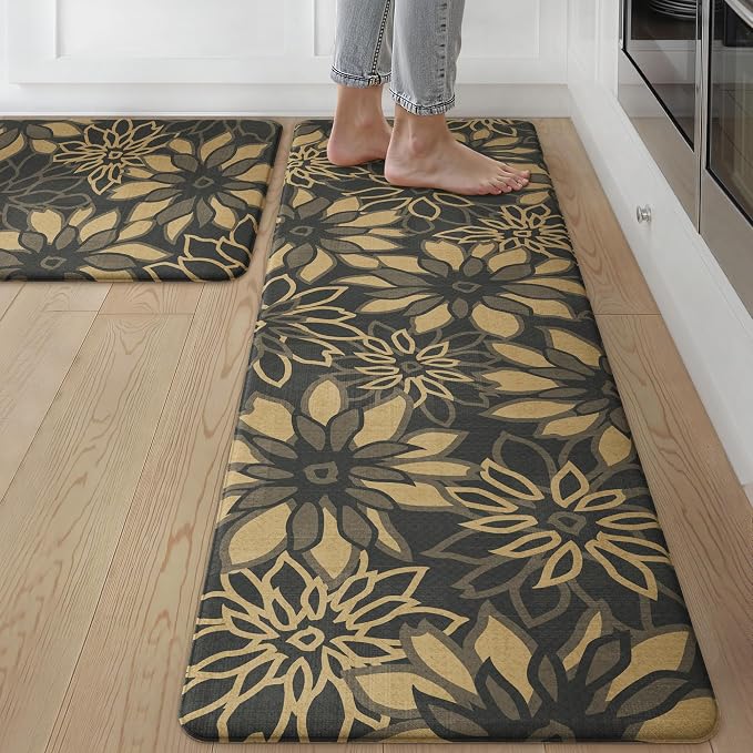 GENIMO Anti Fatigue Kitchen Mats for Floor 2PCS, Cushioned Standing Mats | 17.3"x59"&17.3"x30", Black Brown vintage floral rug set, waterproof, non slip, easy-clean for farmhouse