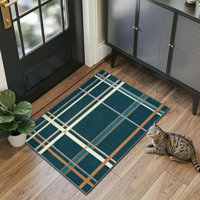 Terrug Plaid Area Rug for Entryway, Blue 2x3 Small Checkered Rugs Washable with Non Slip for Kitchen, Soft Low Pile Abstract Carpet for Home Office Front Door Porch