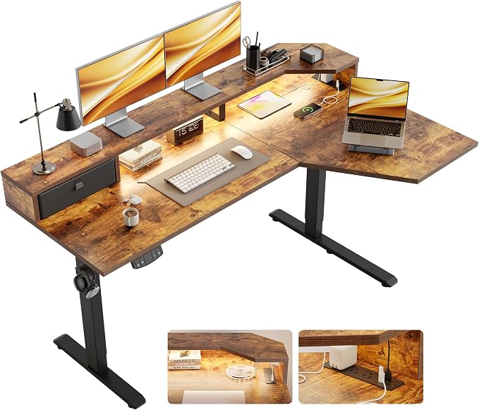 Agilestic 63 Inch L Shaped Electric Standing Desk with Shelf, Height Adjustable Large Desk with Power Outlets & LED, Corner Sit Stand Up Table with Monitor Stand, Computer Workstation, Rustic Brown