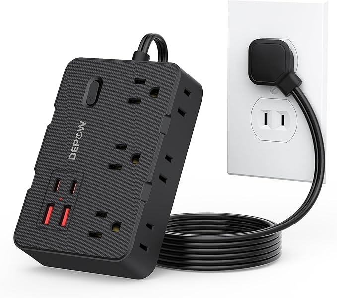 DEPOW 2 Prong to 3 Prong Adapter Power Strip, 5FT Black Extension Cord with 6 Outlets & 4 USB Ports (2 USB-C), 1050J Two Prong Surge Protector, Wall Mount - Ideal for Old Houses