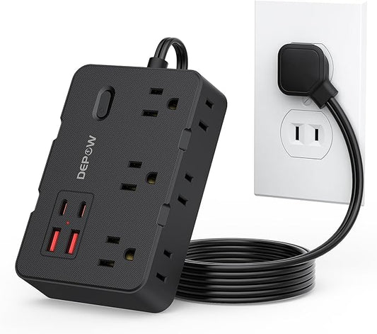 DEPOW 2 Prong to 3 Prong Adapter Power Strip, 5FT Black Extension Cord with 6 Outlets & 4 USB Ports (2 USB-C), 1050J Two Prong Surge Protector, Wall Mount - Ideal for Old Houses