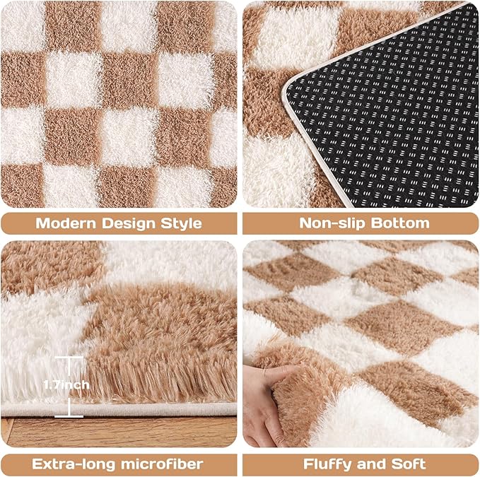 Area Rugs for Living Room 9x12, Ultra Fluffy Shag Checkered Rug Modern Washable Carpet Soft Shaggy Non Slip Indoor Plush Fuzzy Rugs for Bedroom Dorm Office Home Aesthetic Decor, Cream and Camel