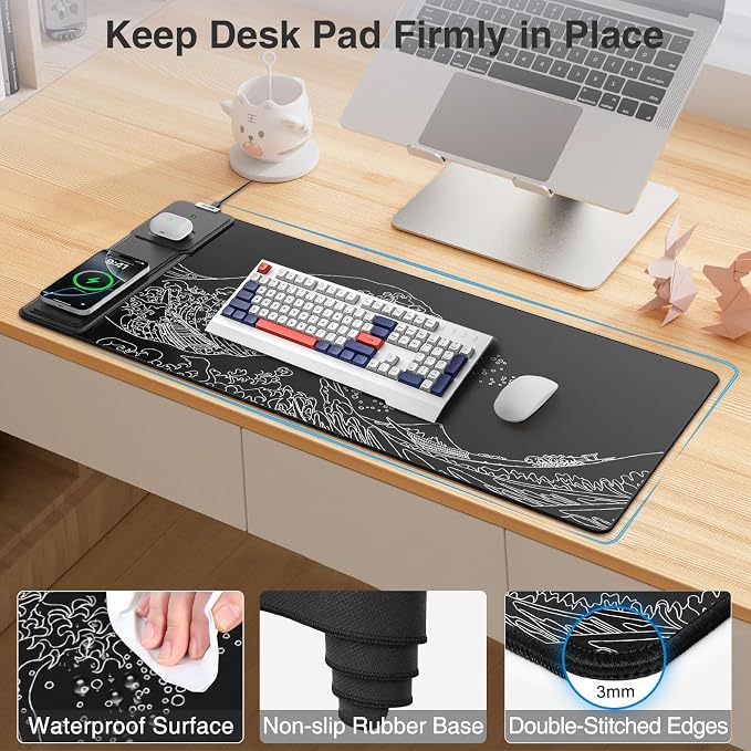 Wireless Charging Mouse Pad with Phone Holder, 31.5"x15.8" in, Black Wave | Large Desk Mat for Laptop/Keyboard, Waterproof Ultra-Smooth Surface, Non-Slip Base