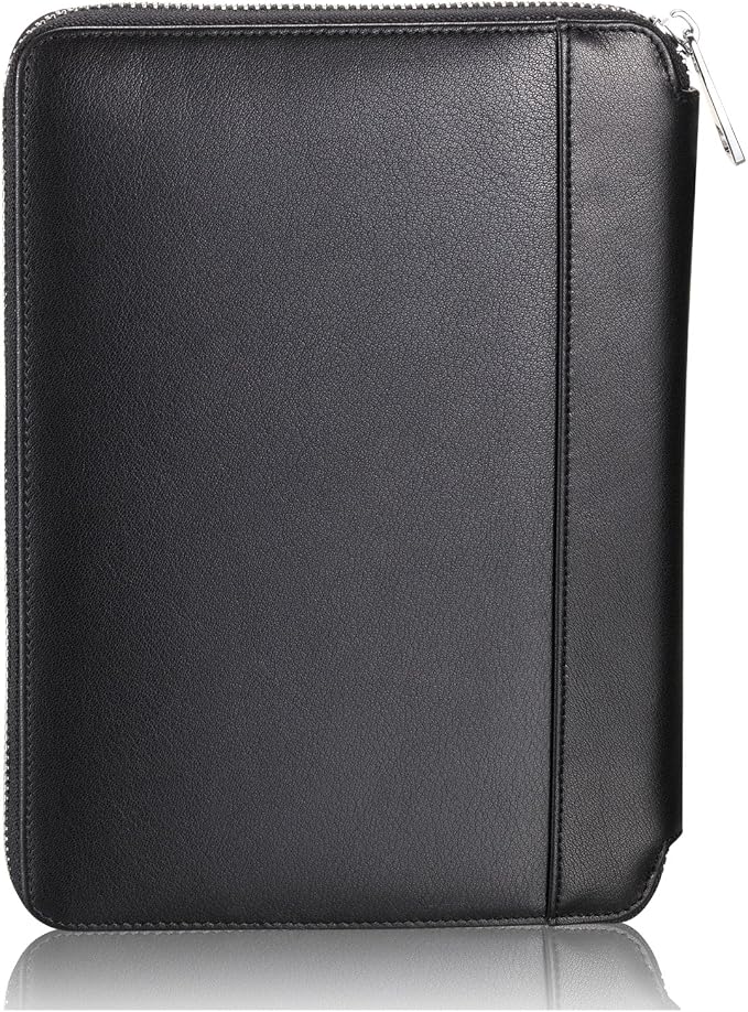 HISCOW Zip-Around Leather Junior Padfolio, 5x8 Notepad Cover, Black | Italian full-grain cowhide, top-loading legal pad holder, tablet and document sleeve, 2 card slots, rigid pen loop