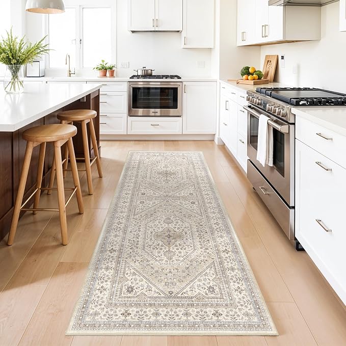 3x8 Runner Rug for Hallway Washable: Non Slip Kitchen Rugs with Rubber Backing Soft Waterproof Mats Stain Resistant Indoor Vintage Carpet Runner for Bedroom Bathroom Laundry Entryway Beige/Gray
