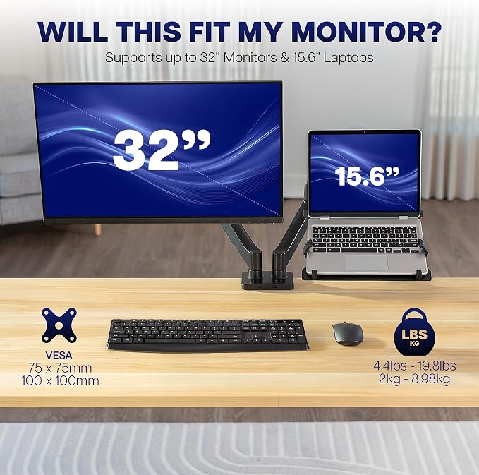 VIVO Universal Adjustable Monitor and Laptop Desk Mount, 17 to 32 inch Monitors, 10 to 15.6 inch Laptops, Dual Mechanical Arm VESA Notebook Stand with C-clamp and Grommet Options, Black, STAND-V002O-L