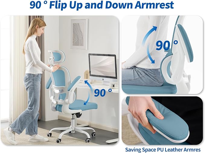 TRALT Ergonomic Office Chair - Desk Chair with Adjustable Headrest Lumbar Support Computer Chair - Mesh Comfy Chair with Flip-up Armrests - Gaming Chairs for Adults Home Office (PU Leather, Blue)