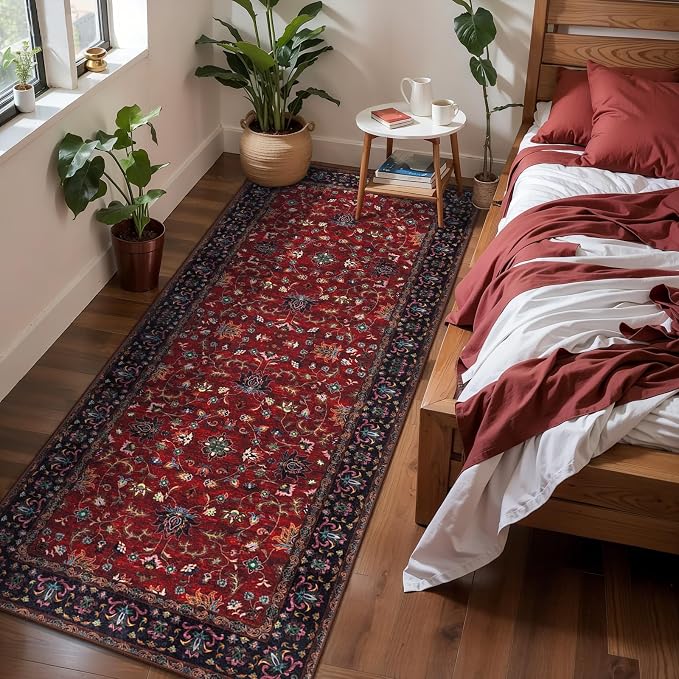 Tangsoo 2.6x8 Washable Runner Rug for Hallways, Non Slip Vintage Floral Runner Rug, Soft Low Pile Long Rug Runner, Print Red Carpet Runners for Kitchen Bedroom Entryway Bathroom Living Room