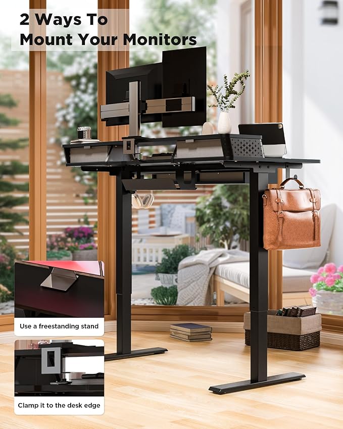 FiCiHi 40x24 Inch Electric Standing Desk, 4 Drawers, Adjustable Height Desk | Small Sit Stand Computer Desks, C-Clamp Compatible Home Office Desk with Monitor Stand, Cable Management, 3 Preset Heights