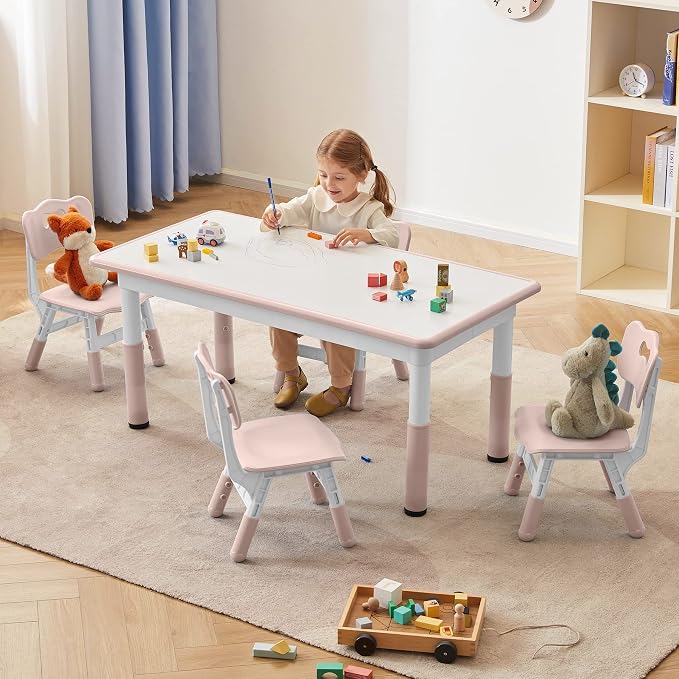 DOREROOM Adjustable Kids Table & 4 Chairs Set, 47.2" L x 23.6" W, Pink | Graffiti Desktop,Table Supports 300 lbs,Toddler Ages 2-8，FSC-certified, Children Activity Table for Daycare, Classroom, Home