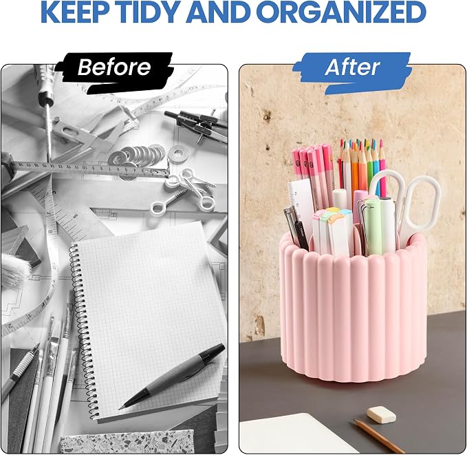 Desk Organizer, 360° Rotating Pen Holder for Desk, Pencil Cup with 7 Compartments Storage Box Caddy for Kids, Office, School, Home (Pink)