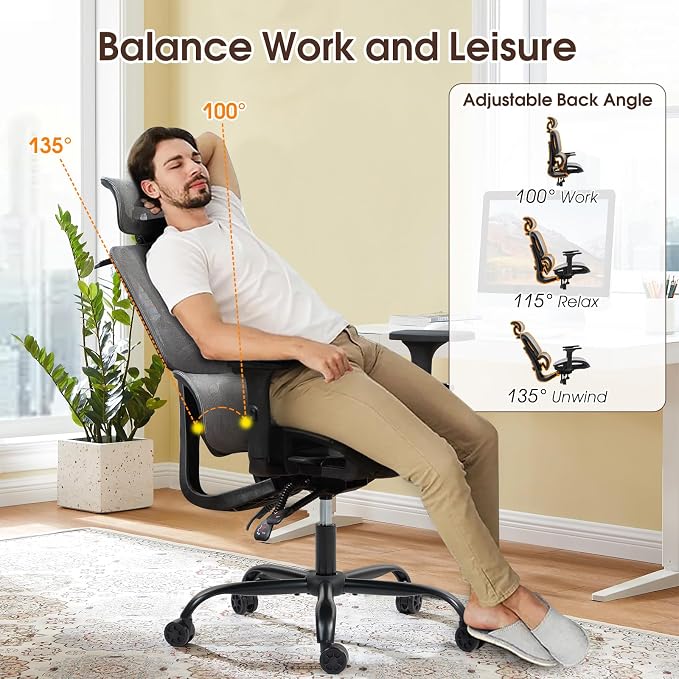 ECOTOUGE Grey Ergonomic High Back Mesh Office Chair | Lumbar Support, Adjustable Headrest, 3D Armrests, Reclining, Home/Office/Gaming, 330LBS