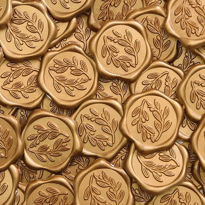 UNIQOOO Wax Seal Stickers - Olive Branch Wedding Invitation Envelope Seal Stickers, 100 Pcs Self- Adhesive Antique Gold Stickers, Perfect for Invitation, Christmas, Gift Wrapping