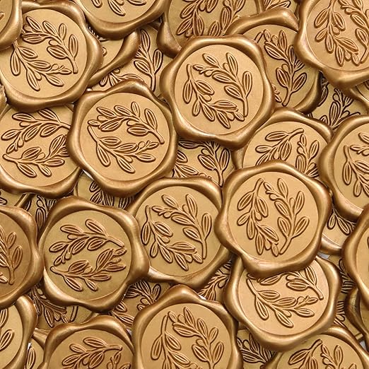 UNIQOOO Wax Seal Stickers - Olive Branch Wedding Invitation Envelope Seal Stickers, 100 Pcs Self- Adhesive Antique Gold Stickers, Perfect for Invitation, Christmas, Gift Wrapping