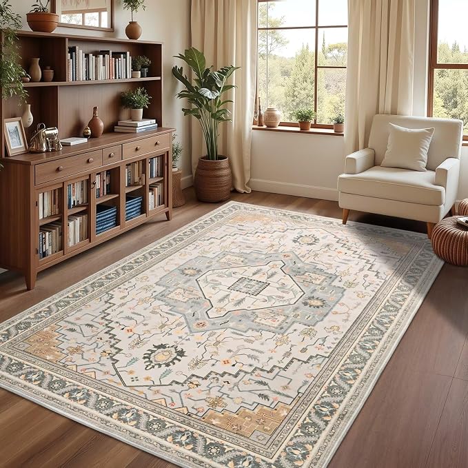 Macgace 5x7 Grey Beige Area Rug for Living Room, Machine Washable Rugs with Non-Slip Backing for Bedroom, Vintage Medallion Carpet Dining Room Office Kids Room Decor
