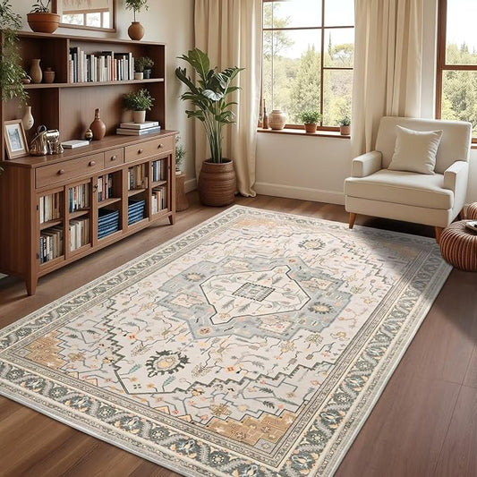 Macgace 5x7 Grey Beige Area Rug for Living Room, Machine Washable Rugs with Non-Slip Backing for Bedroom, Vintage Medallion Carpet Dining Room Office Kids Room Decor