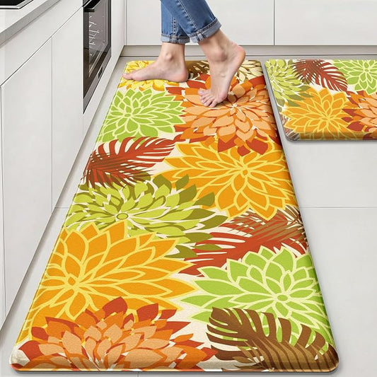 Arenarug Kitchen Mats for Floor 2PCS Cushioned Anti Fatigue Kitchen Mats Waterproof Non Slip Kitchen Rug Set Foam Standing Mat for Sink, Laundry, Office, 24"x39"+24"x59", Maple Orange
