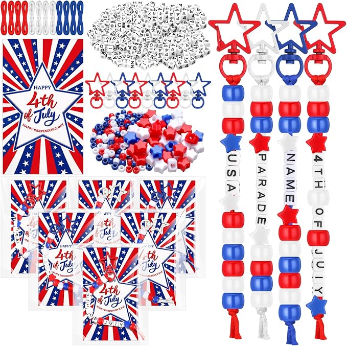 Suncalla 996 Pcs 24 Set 4th of July Crafts Patriotic Keychain Making Kit DIY Red White Blue Beads 250 Anniversary Cards Rope Kit American Flag Jewelry Party Favors for Independence Day Veterans Day