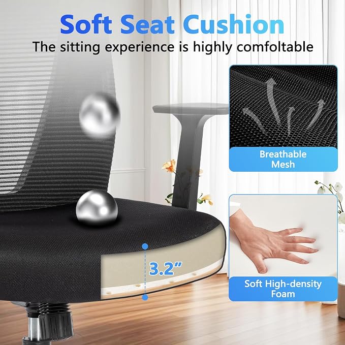 CLATINA Big and Tall Office Chair, Heavy Duty Ergonomic Mesh Computer Desk Chair with Armrests, Adjustable Height Rolling Swivel Mid Back Executive Task Chairs for Home Office Conference, Black, 2Pack